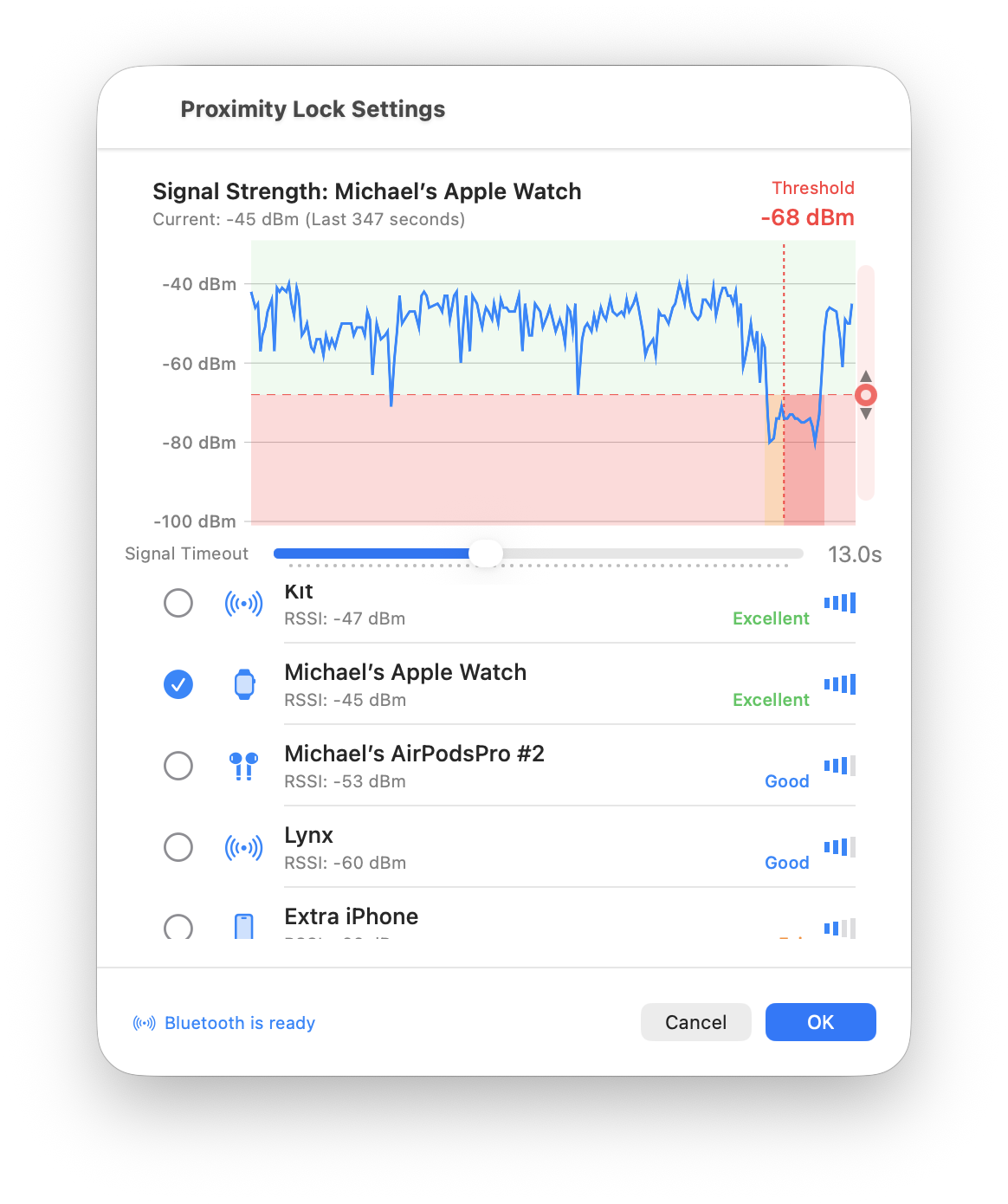 ProximityLock Settings showing a lock event
