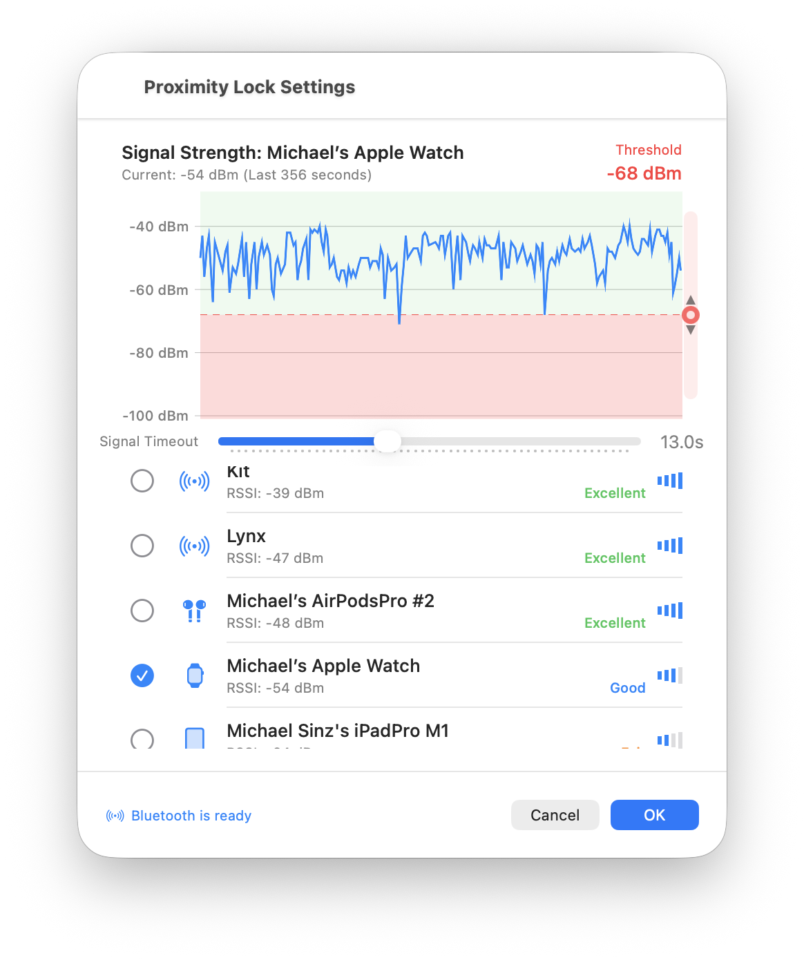 ProximityLock Settings with real-time signal graph