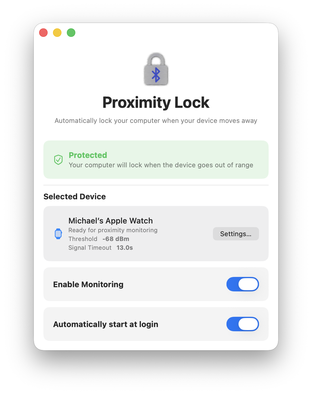 ProximityLock Main Window showing Protected status